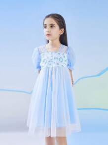 Annil Vestido azul de manga corta, de cintura alta, con estilo nacional y paraguas, fresco y elegante para niñas en verano