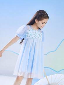 Annil Vestido azul de manga corta, de cintura alta, con estilo nacional y paraguas, fresco y elegante para niñas en verano