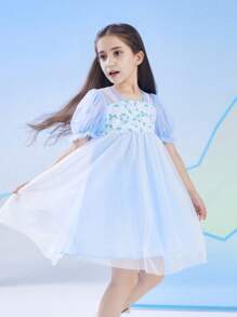 Annil Vestido azul de manga corta, de cintura alta, con estilo nacional y paraguas, fresco y elegante para niñas en verano