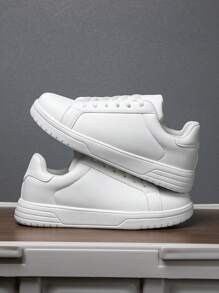 Men's Minimalist Solid Color Patchwork Lace-Up Casual Sneakers, Fashionable & Comfortable Height-Increasing Low-Top Campus/Couple Shoes - White - View 2