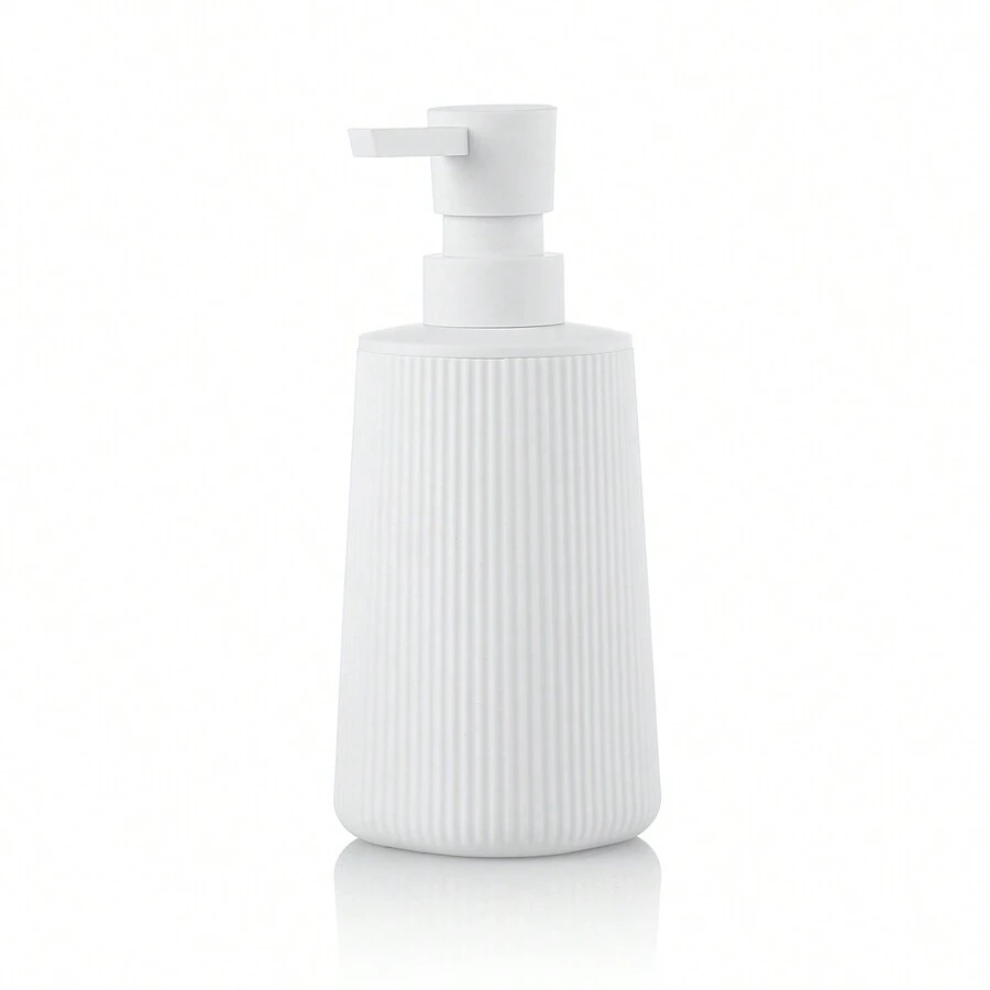 1 pieza Dispensador de jabón blanco a rayas moderno, dispensador de botella de jabón líquido de plástico con forma redonda, ideal para uso en baño y cocina, decoración del hogar, decoración de otoño, de vuelta a la escuela - Blanco - Ver 1