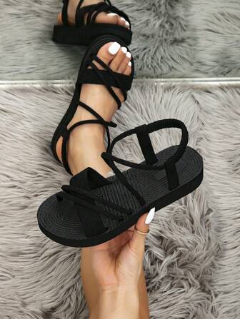 Women's Fashionable Black Color Suede Sandals With Elastic Band, Elegant Thick Bottom Wedge Heel, Faux Woven & Embossed Shoe Surface