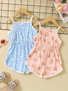Young Girl Cute 3D Print Cami Jumpsuit Set 2pcs Cute Bow Decor Rompers For Summer Party Holiday Vacation