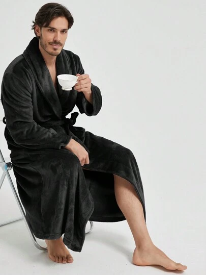 1pc Couple's Warm Flannel Shawl Neck Loose Casual Soft Thermal Lined Long Sleeve Belted Robe With Pockets, Suitable For Home Wear, Autumn/Winter, For Fall Winter, Fluffy, Cozy