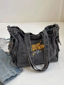 New Fashion Classic Versatile Casual Graphic Letter Decoration, Embroidered Craftsmanship, Large Capacity Shoulder Bag With Metal Chain Decoration, Washed Distressed Fabric Women's Backpack, Suitable For Campus Use. Can Be Used For Transportation, School, Essential College Bag. - 黑色 - 查看 3