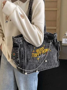 New Fashion Classic Versatile Casual Graphic Letter Decoration, Embroidered Craftsmanship, Large Capacity Shoulder Bag With Metal Chain Decoration, Washed Distressed Fabric Women's Backpack, Suitable For Campus Use. Can Be Used For Transportation, School, Essential College Bag. - 黑色 - 查看 2