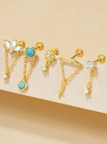 1 件 925 纯银个性化榄尖形花朵绿松石耳钉 18K 镀金背面方晶锆石耳环链式螺旋耳环耳屏穿孔珠宝礼物适合女性日常佩戴婚礼派对订婚 - 大小鑽 - 查看 4