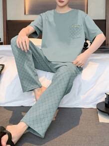 男士圆领短袖上衣长裤睡衣套装，透气吸汗家居服套装，春夏秋冬皆宜