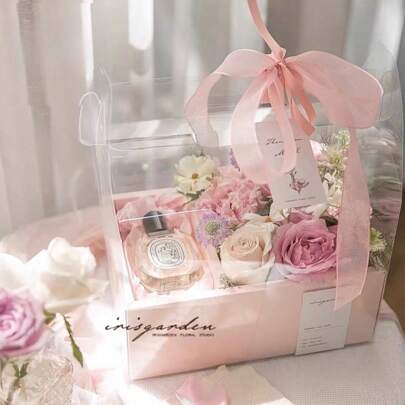 1 st blomsterdekorerad genomskinlig presentförpackningsask, rosa handhållen PVC-presentask, lämplig för hem och blomsteraffärer, alla hjärtans dag-presenter till skolstart