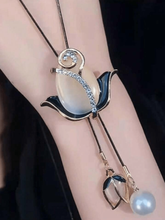 Fashionable & Elegant Tulip Flower Pendant Necklace With High-End Crystal, Faux Pearl & Tassel Hanging, Perfect Mother's Day/Valentine's Day Gift For Women Valentines