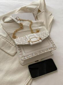 時尚短毛呢斜挎包，女式鏈帶肩背包，復古格紋方形小包