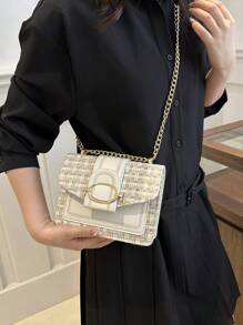 時尚短毛呢斜挎包，女式鏈帶肩背包，復古格紋方形小包