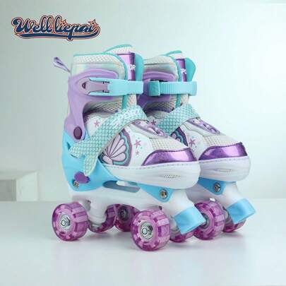 Fashionabla rullskridskor med dubbla rader för tonåringar, lila färg med färgglada blinkande hjul, snäckskal Ocean Element Mermaid Traditionella rullskridskor