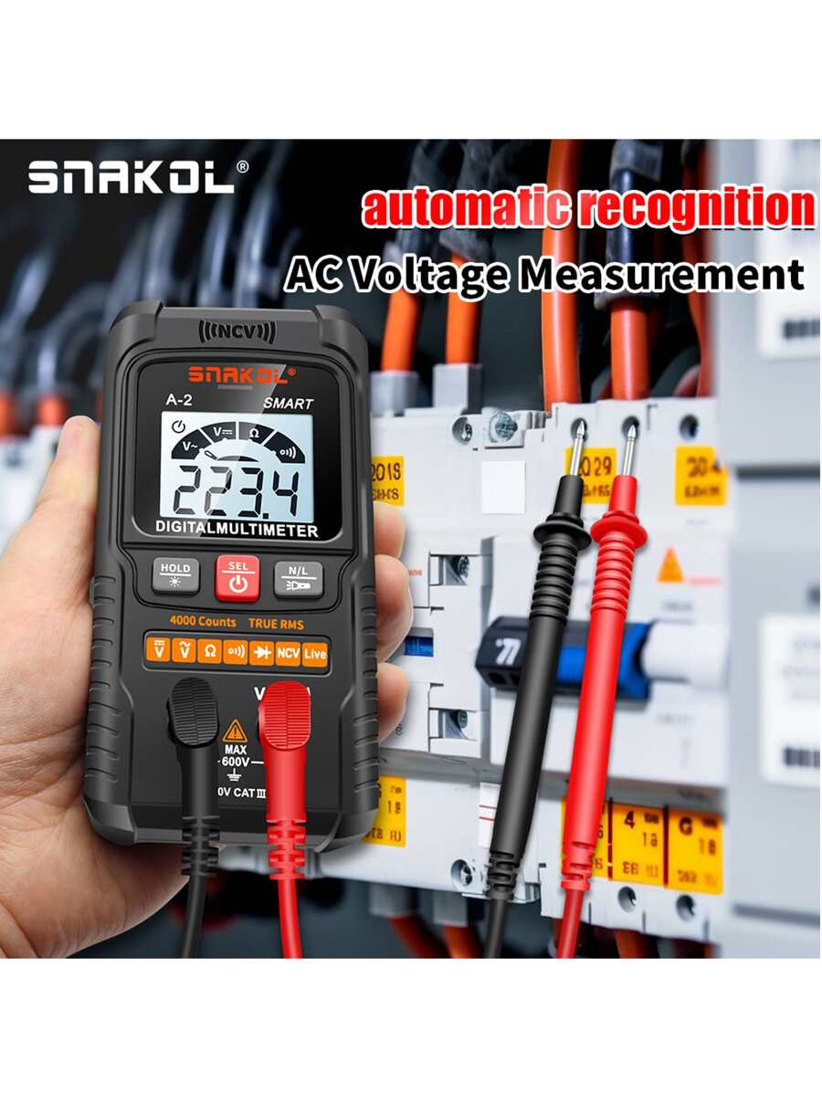 SNAKOL A1數字萬用表智能自動量程600V 4000計數測試儀表歐姆赫電容REL True RMS AC DC電壓DMM測試儀自動關機零火線識別 - 黑色 - 查看 1