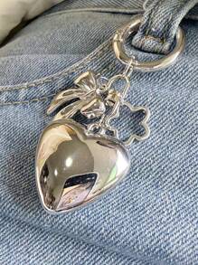 1入組女士時尚銀色心形鑰匙扣配蝴蝶結，情人節情侶創意禮物，手袋掛飾 - 銀色 - 查看 2