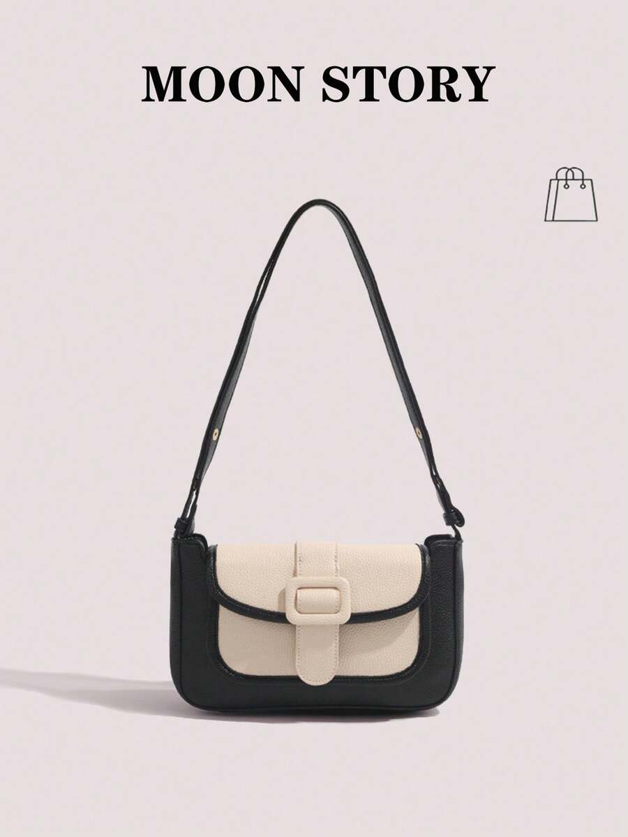 Túi kiểu Pháp màu tương phản cao cấp dành cho nữ mới, Túi đeo vai thời trang và mát mẻ, Túi đeo nách, Túi xách, Túi đeo vai có khóa vuông, Túi đeo chéo, Bộ sưu tập Xuân/Hè - Màu be - Xem 1