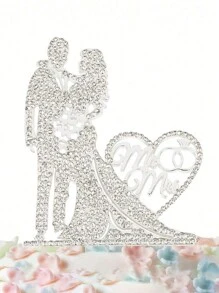 1pc Gold & Sliver Crystal Wedding Cake Toppers Bride & Groom, Mr And Mrs Cake Topper With Faux Rhinestone Decoration For Wedding Anniversary Party Decor, - Multicolor - View 5