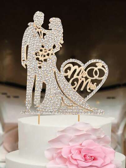 1 pieza Topes de pastel de boda con cristal dorado y plateado Novia y Novio, Señor y Señora Tope de pastel con decoración de rhinestones falsos para decoración de fiesta de aniversario de boda