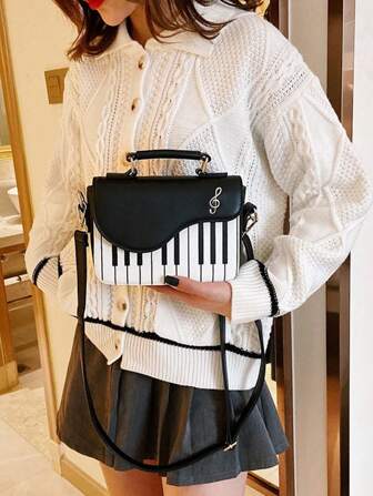 Mini Piano Key Pattern Flap Square Bag Piano Guitar Music Notes Handbag, Creative PU Leather Tote Bag, Crossbody Bag For Women Girls , Small Bags