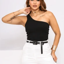 Regata Feminina de um ombro só - Preto - Visão 1