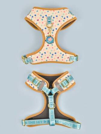 Valentine's Day And New Year Gifts Luxury Design High Quality Hardware Gold Color Metal Buckles Fashion Print Pet Harness&1pc Color Matching ID Tag For Small And Medium And Large Puppy Holiday Gift