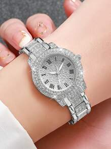 女士钢表带时尚手表和石英手链套装，采用全嵌入式水钻罗马表盘（2 件/套），作为返校学生的礼物