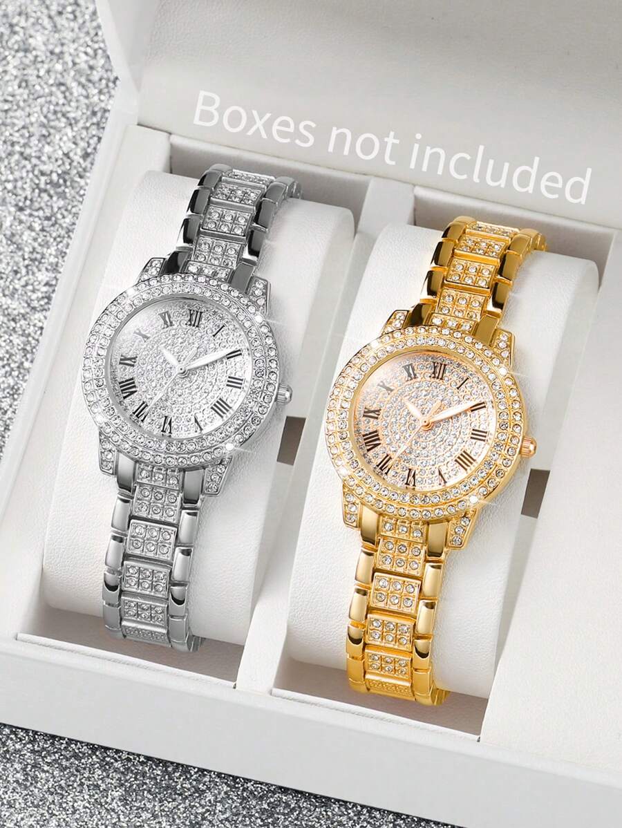 女士钢表带时尚手表和石英手链套装，采用全嵌入式水钻罗马表盘（2 件/套），作为返校学生的礼物