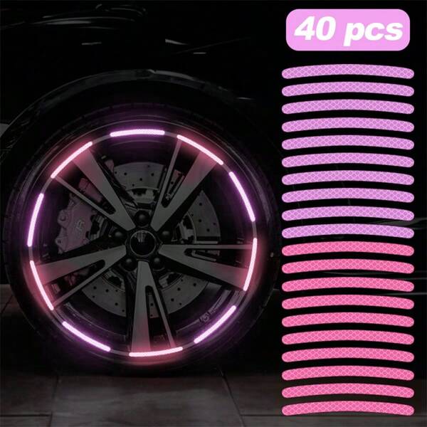 40pcs Car Wheel Hub Reflective Sticker Set, Colorful Night Light Decorative Stripe Sticker, Pink 20pcs+Purple 20pcs