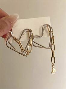 Metal Hollow Chain Asymmetric Heart-Shaped Earrings In Contrast Color, Vintage European And American Style For Women Valentines - Multicolor - View 8
