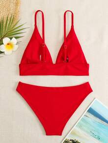 Adjustable Strap Sexy Solid Red High Waisted Bikini With Thong Bottom, 2pcs/Set - Red - View 2
