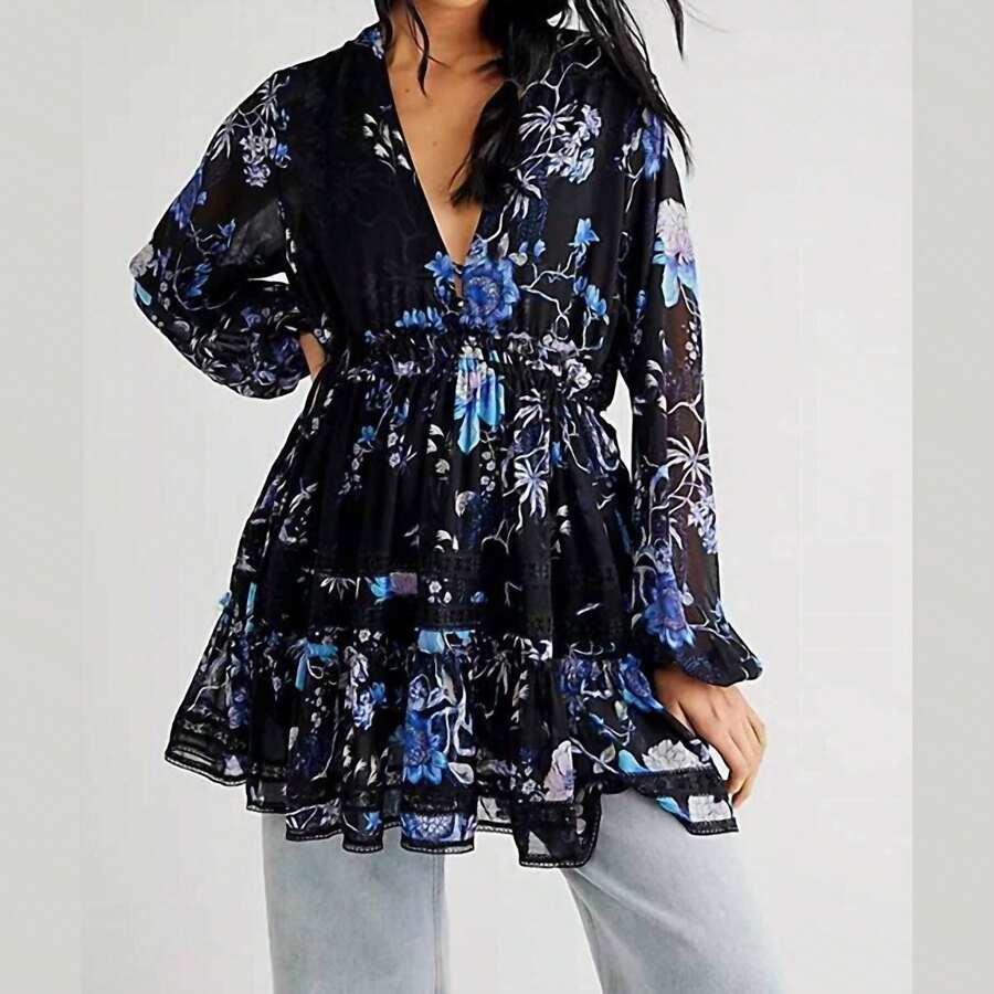 Free People Váy mini Cherry Blossom màu đen/xanh - đen/xanh - Xem 1