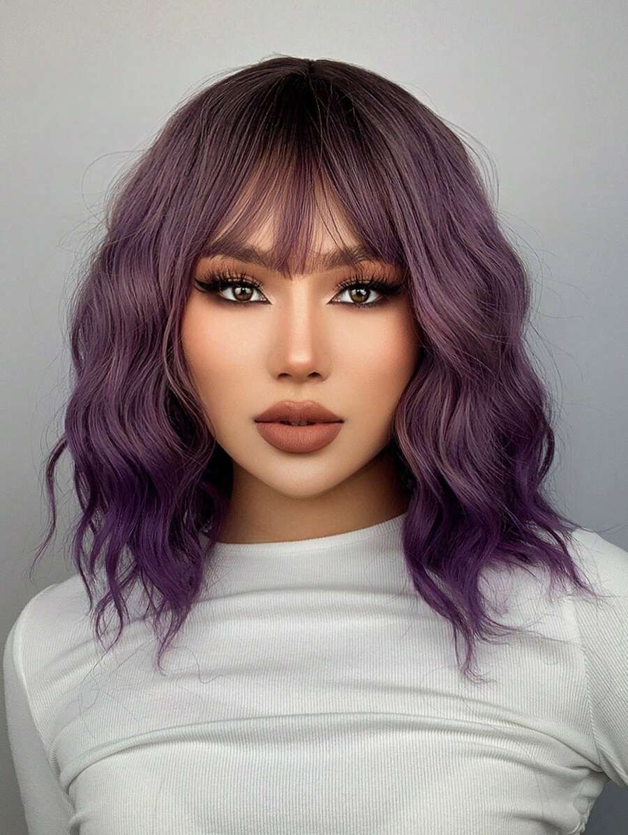 紫色渐变假发短波浪假发带刘海 14 英寸女士假发合成耐热假发时尚女士假发日常使用假发适合初学者，适合各种场合，包括派对、度假、节日、角色扮演。 - 漸層紫 - 查看 1