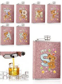 Frascos para bebidas alcohólicas con purpurina de 8 oz en forma de oso, con letras del abecedario del alfabeto, perfecto para acampar y llevar whisky, vino o licores en botella rosa de acero inoxidable; taza de vino y utensilios de beber de alcohol portátil para barbacoas y viajes - Rosa - Ver 1