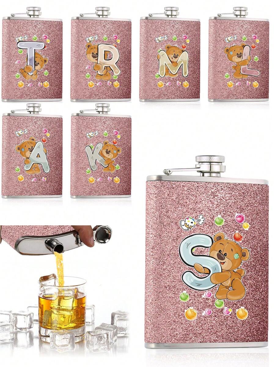 Frascos para bebidas alcohólicas con purpurina de 8 oz en forma de oso, con letras del abecedario del alfabeto, perfecto para acampar y llevar whisky, vino o licores en botella rosa de acero inoxidable; taza de vino y utensilios de beber de alcohol portátil para barbacoas y viajes - Rosa - Ver 1