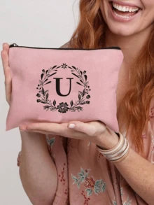 黑色花圈字母化妝包，帶有26個字母化妝品收納袋，寬敞的拉鍊化妝包，耐用的洗漱包，旅行用品收納箱，適合女性禮物，粉色收納袋，旅行必備品，婚房裝飾，送給最好的朋友和老師的禮物，禮物收納盒，珠寶收納盒，浴室套裝收納盒，香水收納盒，大容量化妝包手提包 - 粉色 - 查看 17