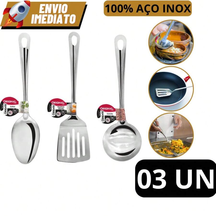 Kit 3 Utensílios de Cozinha Em Aço Inoxidável: Espátula, Colher e Concha - Durabilidade e Estilo - Multicolorido - Visão 1