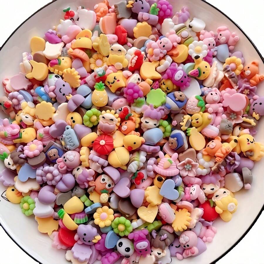50入組各種風格小花動物樹脂珠，DIY手工製作奶油膠卡通配件，可用於冰箱、水杯貼紙、髮帶、髮夾、手機殼裝飾材料 - 彩色 - 查看 1