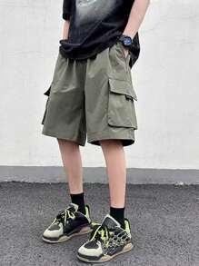 1件青少年男孩休閒戶外運動梭織標籤口袋短褲，春/夏/秋 - 軍綠色 - 查看 1