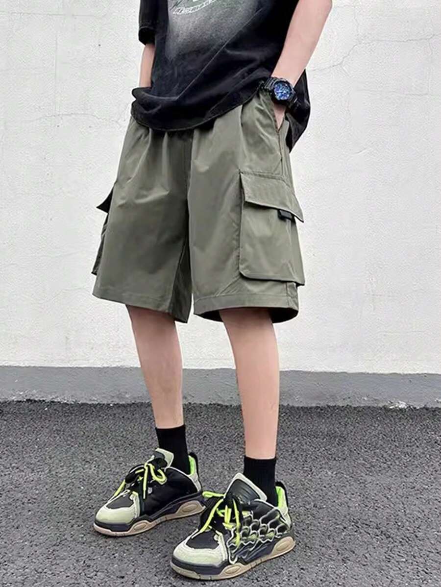 1件青少年男孩休閒戶外運動梭織標籤口袋短褲,春/夏/秋 - 軍綠色 - 查看 1