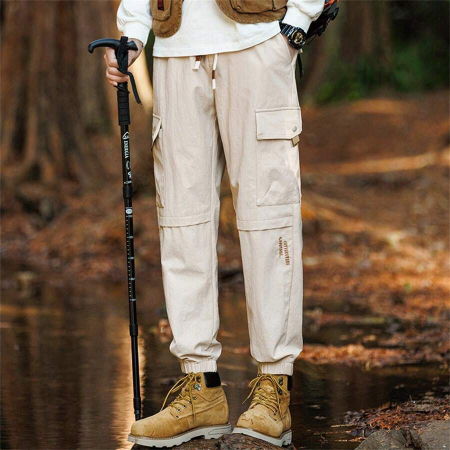 1pc Men's American-Style Outdoor Mountaineering Cargo Pants, Loose Fitting Solid Color Casual Sports Trousers For Work And Play - Khaki - View 1