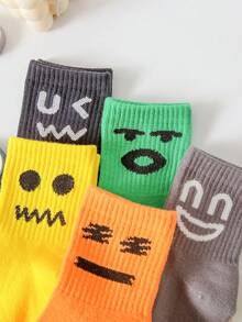 5 Pairs Kids Elastic Smile Face Graphic Mid-Calf Socks, Suitable For All Seasons - Multicolor - View 3