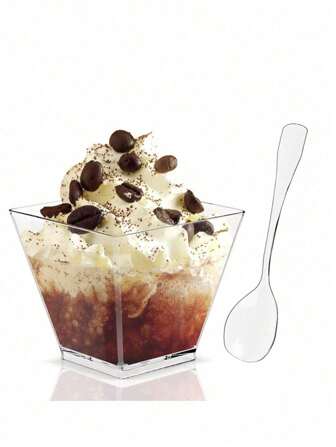 20/50pcs Transparent Plastic Dessert Cups And 20/50pcs Square Jelly Cups With Spoons, Reusable, Ideal For Mousses, Puddings, Mini Ice Creams And Cakes