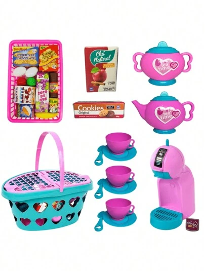 KIT Chazinho Chá da Tarde C/ Cestinha Comidinhas Cafeteira C/ Cápsulas Xicara Pratinho 29pcs