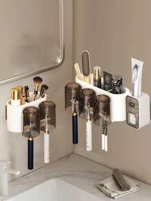 1pc Automatic Toothpaste Dispenser With Toothbrush Holder, Wall Mounted Toothbrush Organizer With Gargle Cups, Space-Saving Bathroom Rack For Toothbrush And Cups - Black - View 9