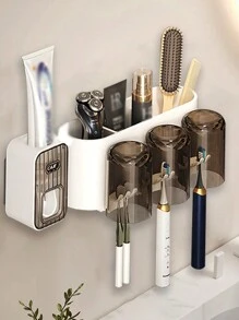 1pc Automatic Toothpaste Dispenser With Toothbrush Holder, Wall Mounted Toothbrush Organizer With Gargle Cups, Space-Saving Bathroom Rack For Toothbrush And Cups - Black - View 4