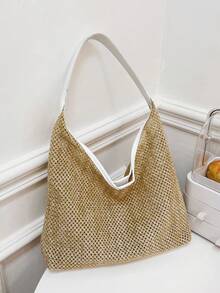 女士手持草編包，2024年夏季新潮流復古百搭大容量肩袋，菜籃包 - 白色 - 查看 5