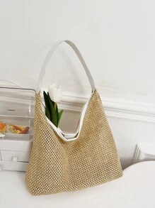 女士手持草編包，2024年夏季新潮流復古百搭大容量肩袋，菜籃包 - 白色 - 查看 6