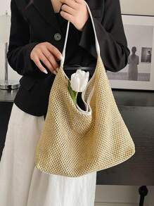 女士手持草編包，2024年夏季新潮流復古百搭大容量肩袋，菜籃包 - 白色 - 查看 2