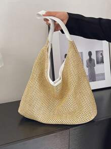 女士手持草編包，2024年夏季新潮流復古百搭大容量肩袋，菜籃包 - 白色 - 查看 8