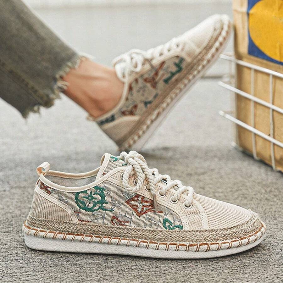 男士休閒時尚編織帆布樂福鞋，適合春夏，透氣舒適的滑步甲板鞋 - 米色 - 查看 1
